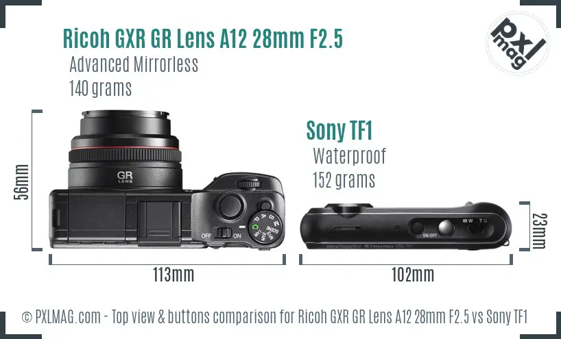 Ricoh GXR GR Lens A12 28mm F2.5 vs Sony TF1 top view buttons comparison