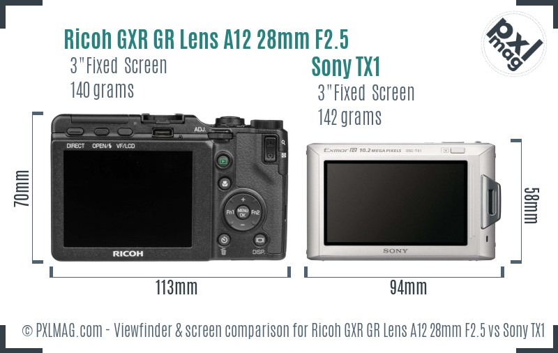 Ricoh GXR GR Lens A12 28mm F2.5 vs Sony TX1 Screen and Viewfinder comparison