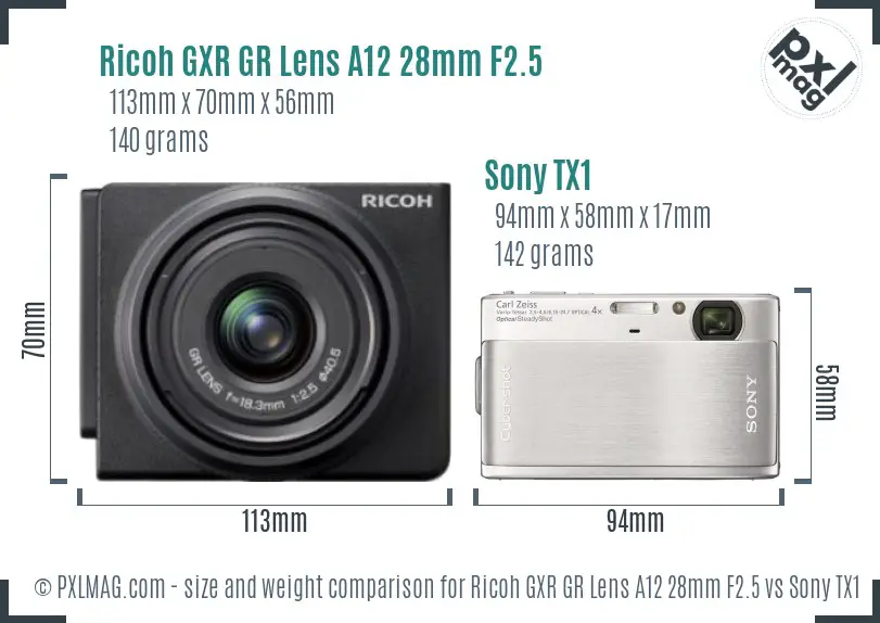 Ricoh GXR GR Lens A12 28mm F2.5 vs Sony TX1 size comparison