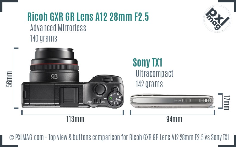 Ricoh GXR GR Lens A12 28mm F2.5 vs Sony TX1 top view buttons comparison