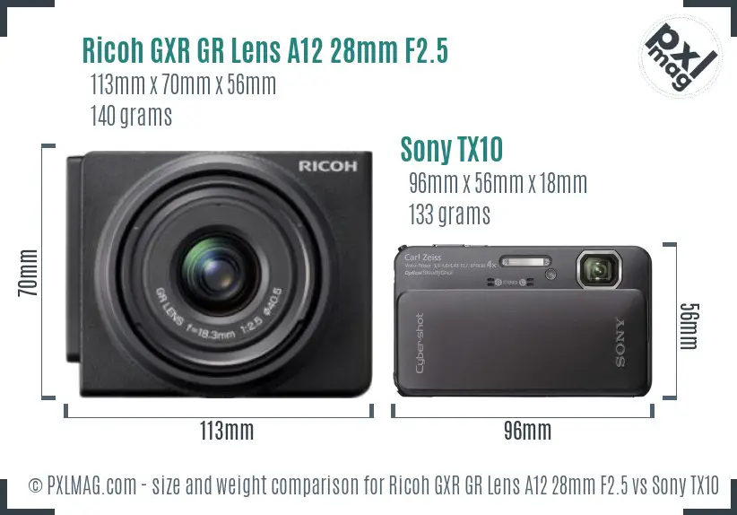 Ricoh GXR GR Lens A12 28mm F2.5 vs Sony TX10 size comparison