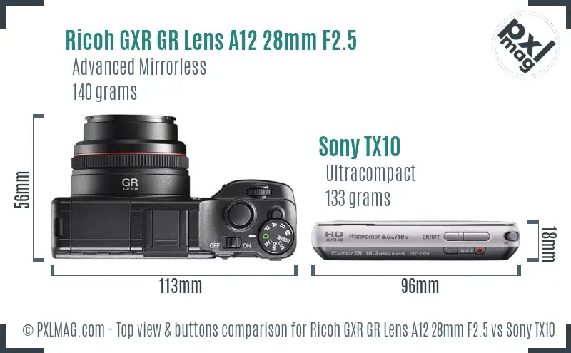 Ricoh GXR GR Lens A12 28mm F2.5 vs Sony TX10 top view buttons comparison