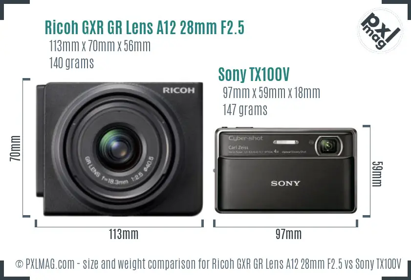 Ricoh GXR GR Lens A12 28mm F2.5 vs Sony TX100V size comparison