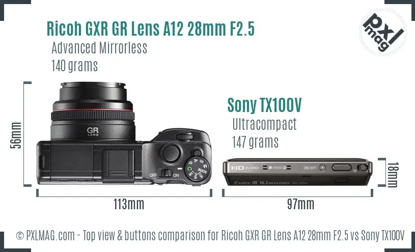 Ricoh GXR GR Lens A12 28mm F2.5 vs Sony TX100V top view buttons comparison