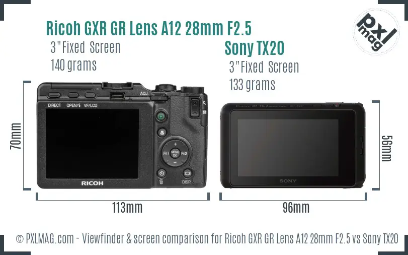 Ricoh GXR GR Lens A12 28mm F2.5 vs Sony TX20 Screen and Viewfinder comparison