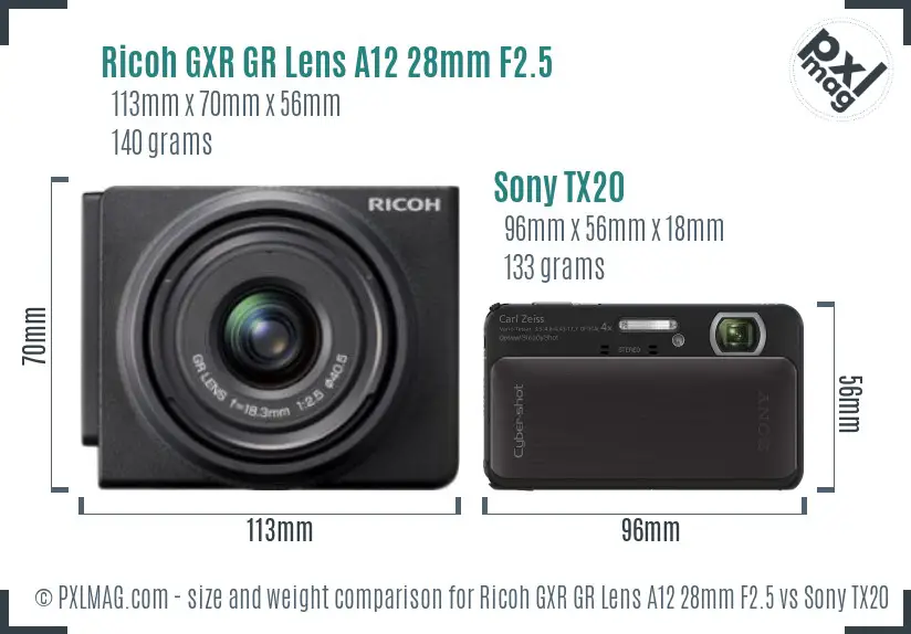Ricoh GXR GR Lens A12 28mm F2.5 vs Sony TX20 size comparison