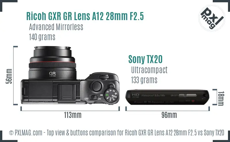 Ricoh GXR GR Lens A12 28mm F2.5 vs Sony TX20 top view buttons comparison