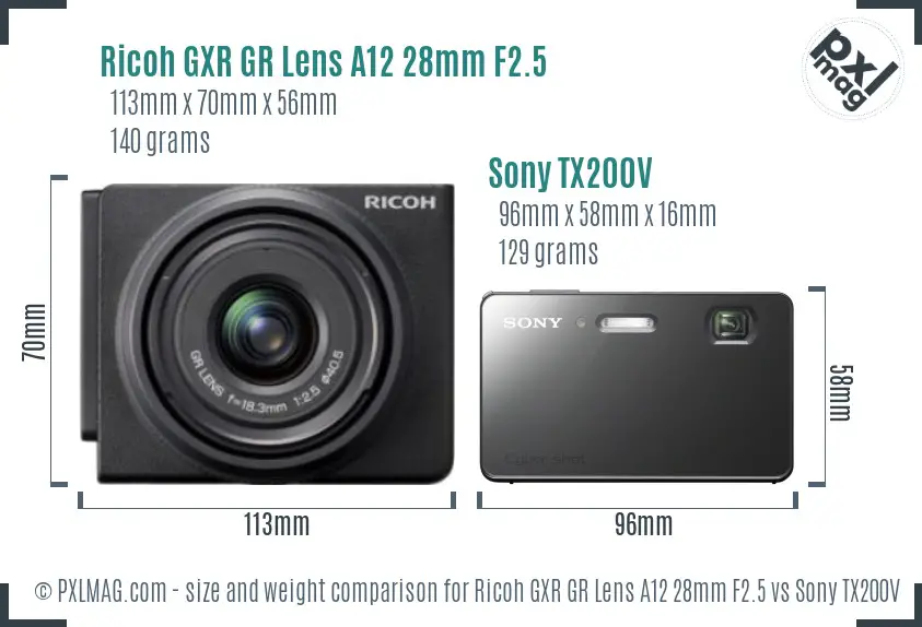 Ricoh GXR GR Lens A12 28mm F2.5 vs Sony TX200V size comparison