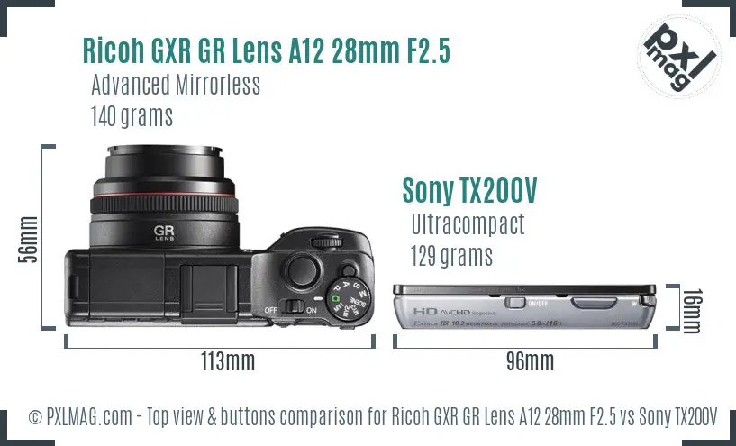 Ricoh GXR GR Lens A12 28mm F2.5 vs Sony TX200V top view buttons comparison