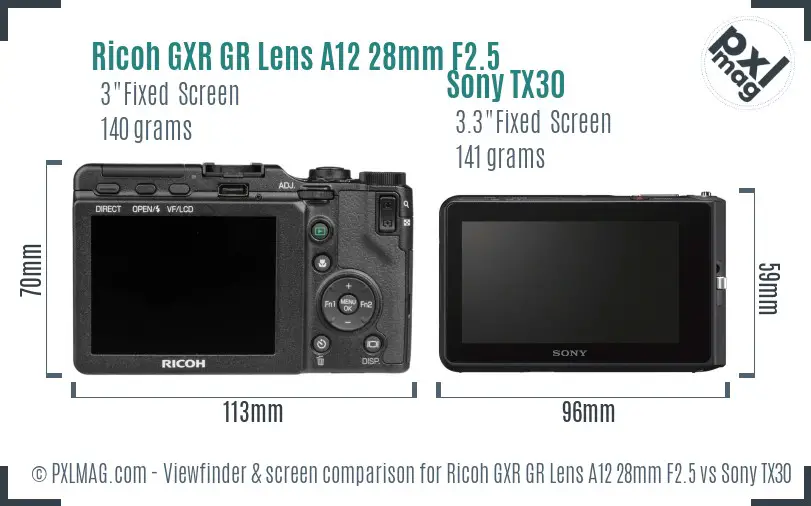 Ricoh GXR GR Lens A12 28mm F2.5 vs Sony TX30 Screen and Viewfinder comparison