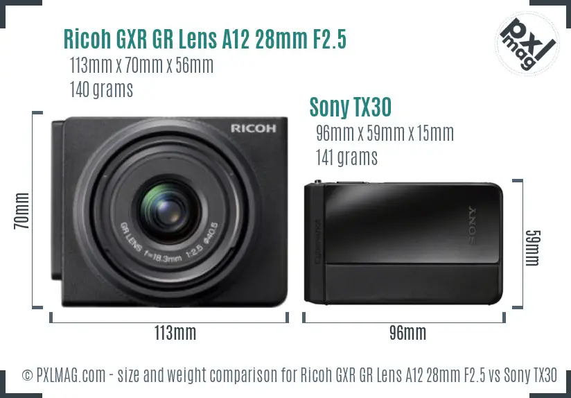 Ricoh GXR GR Lens A12 28mm F2.5 vs Sony TX30 size comparison