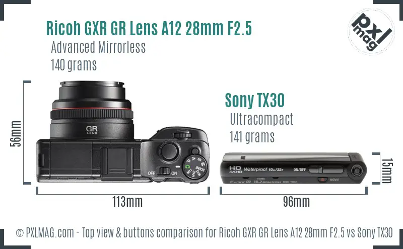 Ricoh GXR GR Lens A12 28mm F2.5 vs Sony TX30 top view buttons comparison