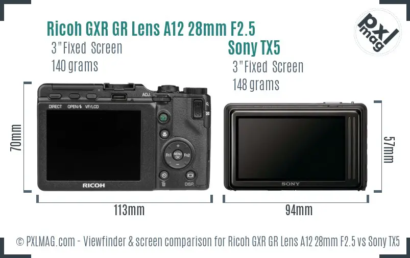 Ricoh GXR GR Lens A12 28mm F2.5 vs Sony TX5 Screen and Viewfinder comparison