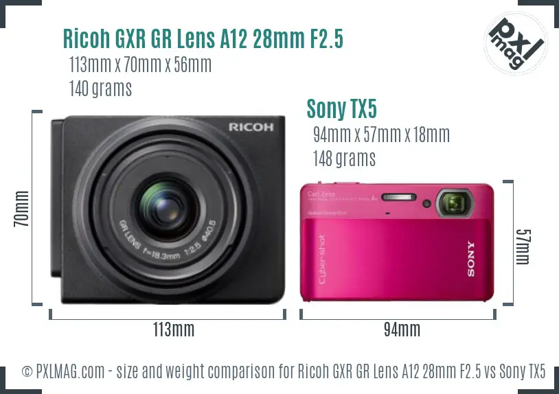 Ricoh GXR GR Lens A12 28mm F2.5 vs Sony TX5 size comparison
