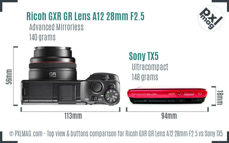 Ricoh GXR GR Lens A12 28mm F2.5 vs Sony TX5 top view buttons comparison