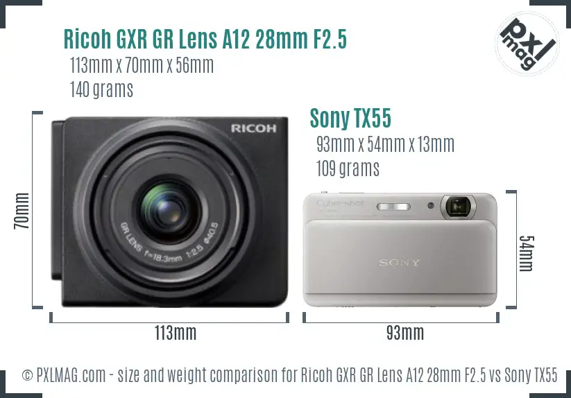 Ricoh GXR GR Lens A12 28mm F2.5 vs Sony TX55 size comparison