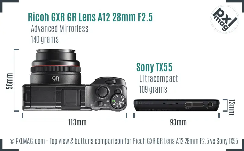 Ricoh GXR GR Lens A12 28mm F2.5 vs Sony TX55 top view buttons comparison