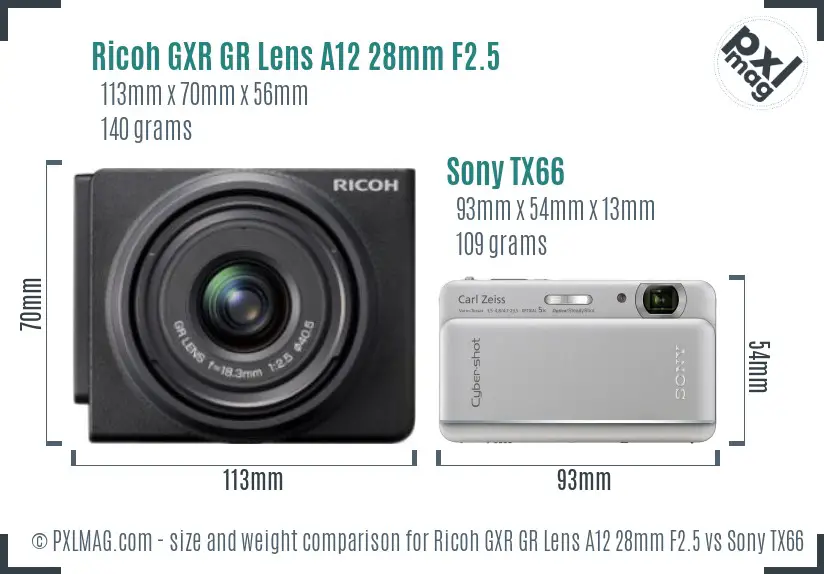 Ricoh GXR GR Lens A12 28mm F2.5 vs Sony TX66 size comparison