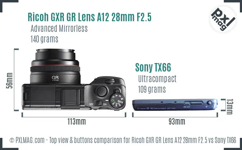 Ricoh GXR GR Lens A12 28mm F2.5 vs Sony TX66 top view buttons comparison
