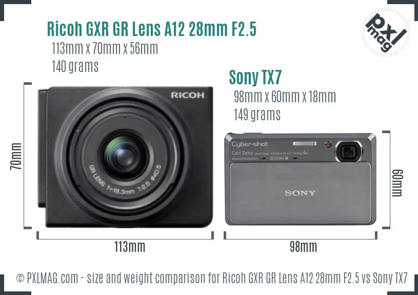Ricoh GXR GR Lens A12 28mm F2.5 vs Sony TX7 size comparison