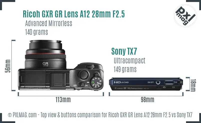 Ricoh GXR GR Lens A12 28mm F2.5 vs Sony TX7 top view buttons comparison