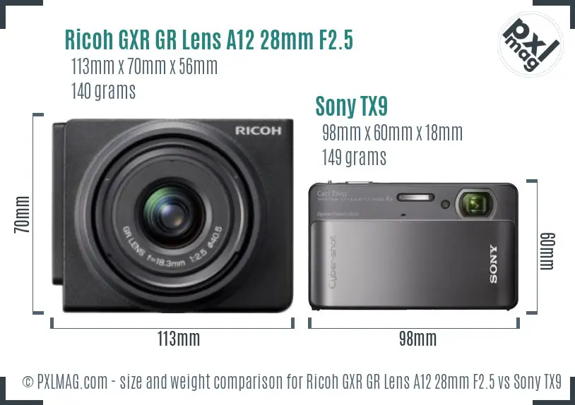 Ricoh GXR GR Lens A12 28mm F2.5 vs Sony TX9 size comparison