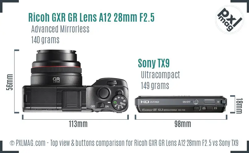 Ricoh GXR GR Lens A12 28mm F2.5 vs Sony TX9 top view buttons comparison