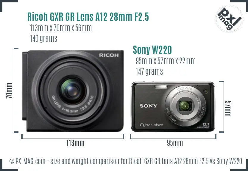 Ricoh GXR GR Lens A12 28mm F2.5 vs Sony W220 size comparison