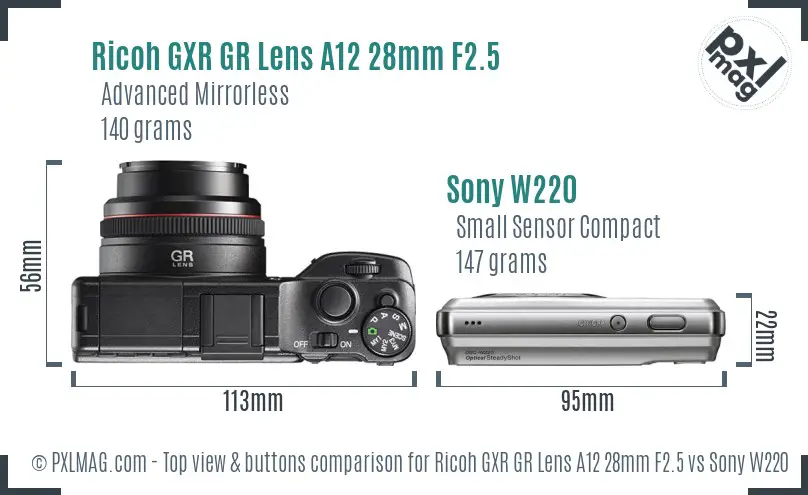 Ricoh GXR GR Lens A12 28mm F2.5 vs Sony W220 top view buttons comparison