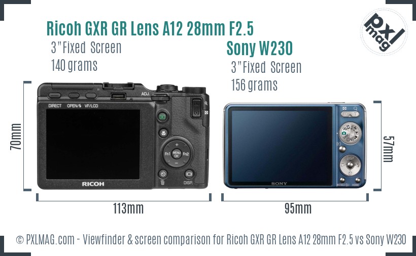 Ricoh GXR GR Lens A12 28mm F2.5 vs Sony W230 Screen and Viewfinder comparison