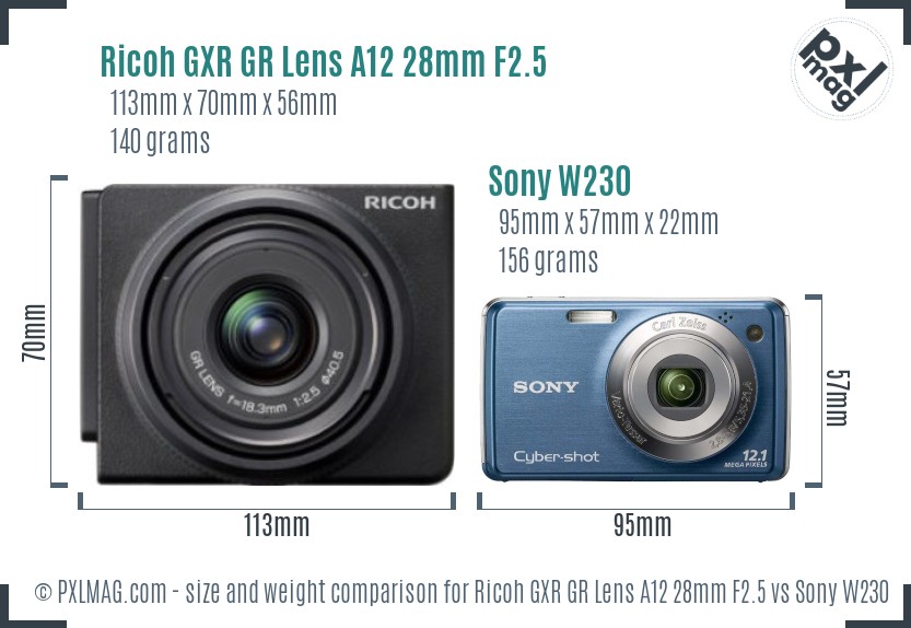 Ricoh GXR GR Lens A12 28mm F2.5 vs Sony W230 size comparison