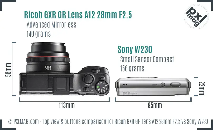Ricoh GXR GR Lens A12 28mm F2.5 vs Sony W230 top view buttons comparison