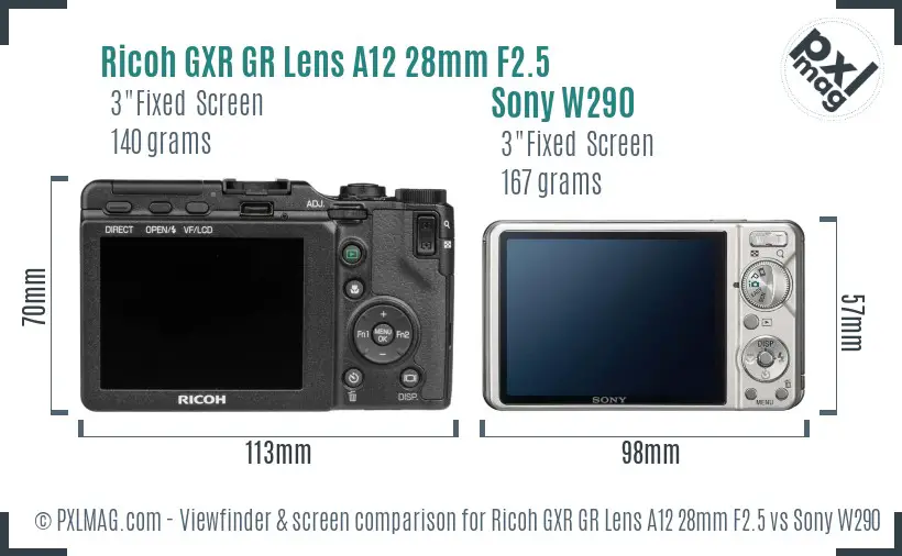 Ricoh GXR GR Lens A12 28mm F2.5 vs Sony W290 Screen and Viewfinder comparison
