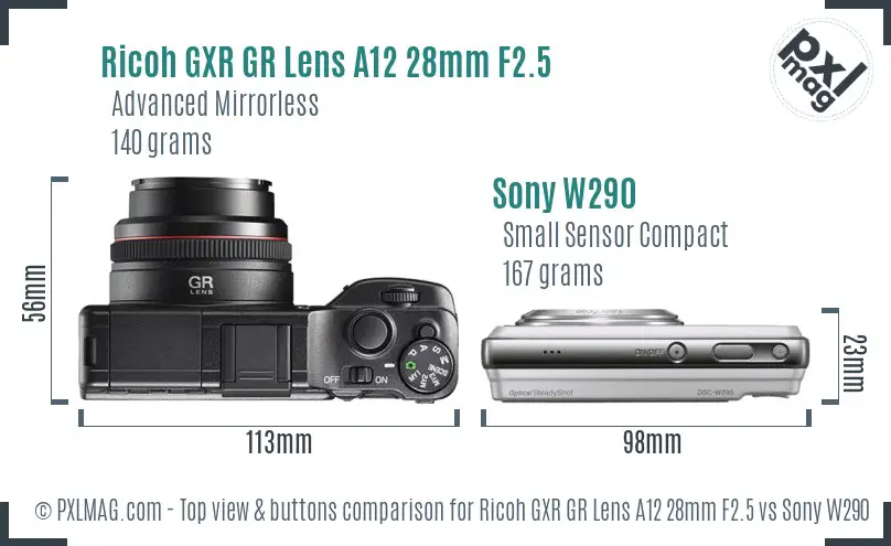 Ricoh GXR GR Lens A12 28mm F2.5 vs Sony W290 top view buttons comparison