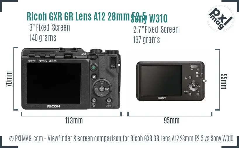 Ricoh GXR GR Lens A12 28mm F2.5 vs Sony W310 Screen and Viewfinder comparison
