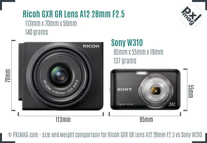 Ricoh GXR GR Lens A12 28mm F2.5 vs Sony W310 size comparison