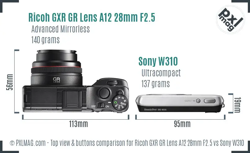 Ricoh GXR GR Lens A12 28mm F2.5 vs Sony W310 top view buttons comparison