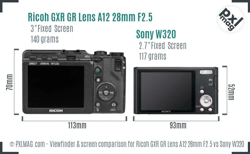 Ricoh GXR GR Lens A12 28mm F2.5 vs Sony W320 Screen and Viewfinder comparison