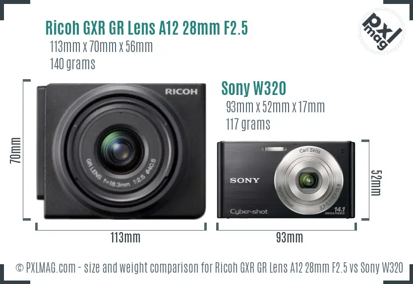Ricoh GXR GR Lens A12 28mm F2.5 vs Sony W320 size comparison