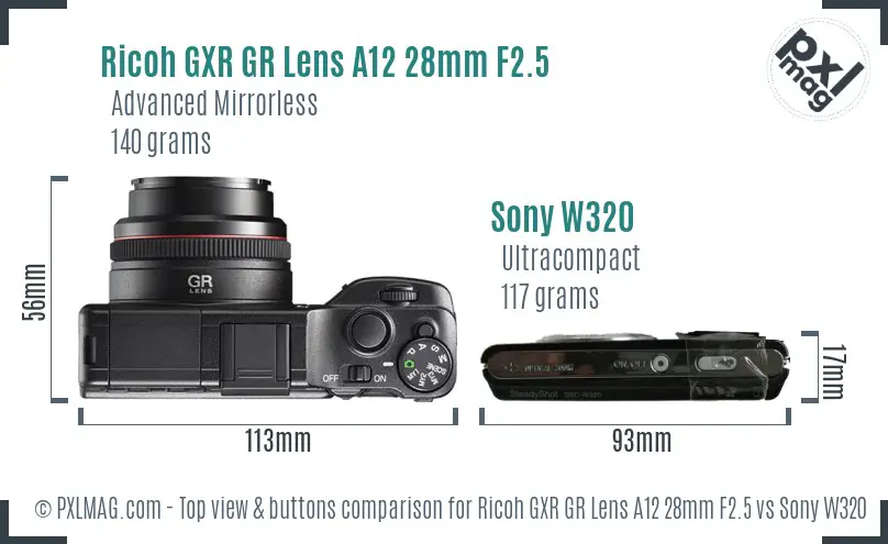 Ricoh GXR GR Lens A12 28mm F2.5 vs Sony W320 top view buttons comparison