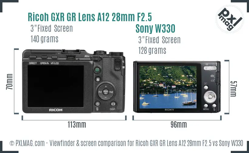Ricoh GXR GR Lens A12 28mm F2.5 vs Sony W330 Screen and Viewfinder comparison