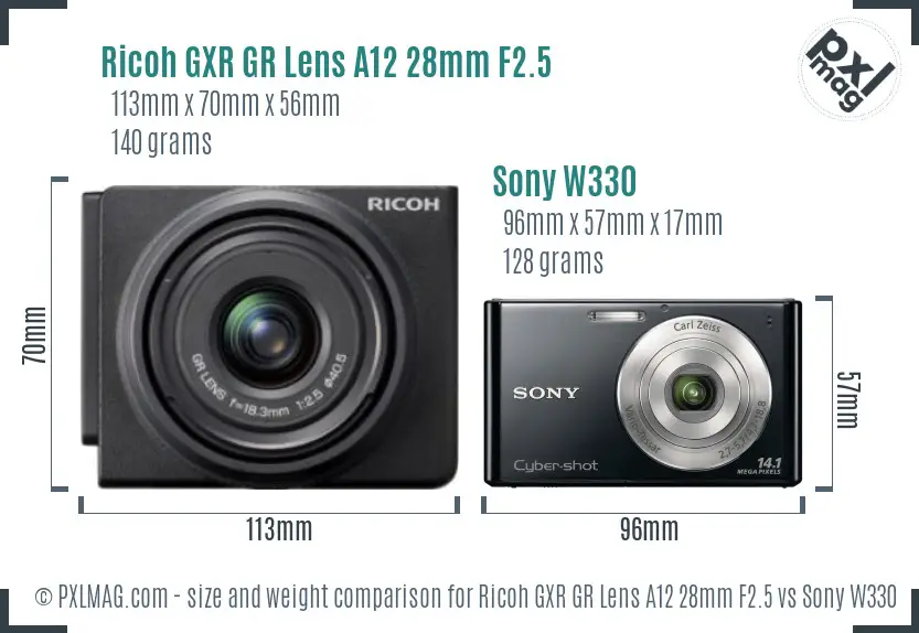 Ricoh GXR GR Lens A12 28mm F2.5 vs Sony W330 size comparison