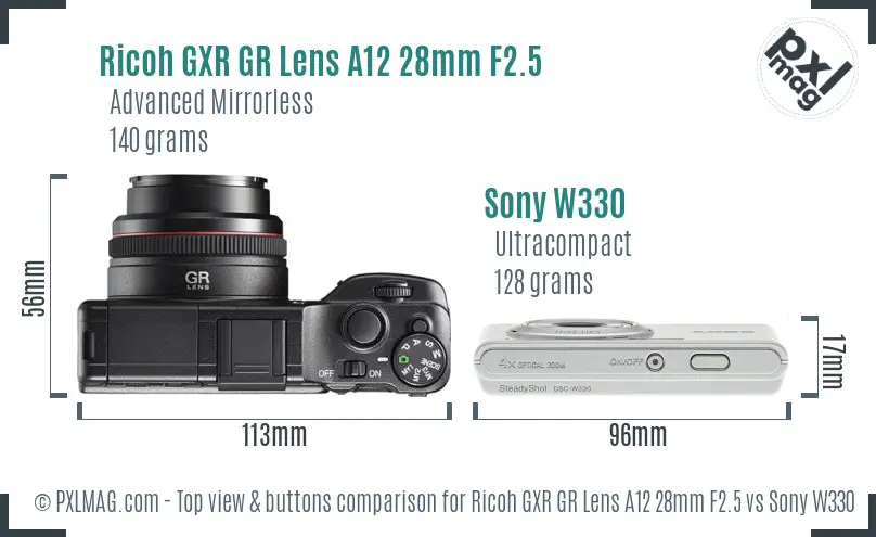Ricoh GXR GR Lens A12 28mm F2.5 vs Sony W330 top view buttons comparison