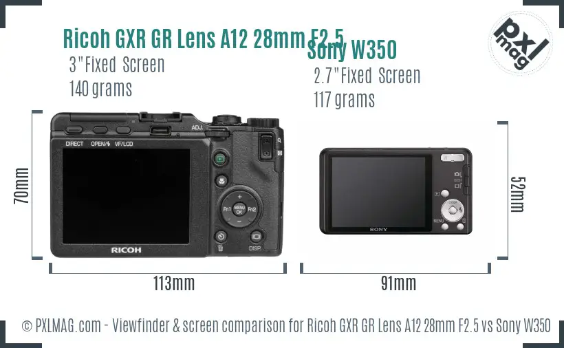 Ricoh GXR GR Lens A12 28mm F2.5 vs Sony W350 Screen and Viewfinder comparison