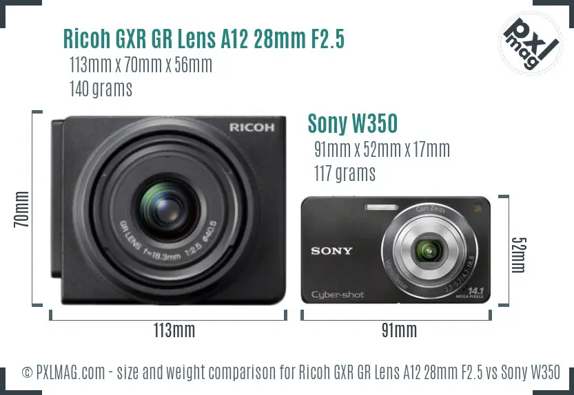 Ricoh GXR GR Lens A12 28mm F2.5 vs Sony W350 size comparison
