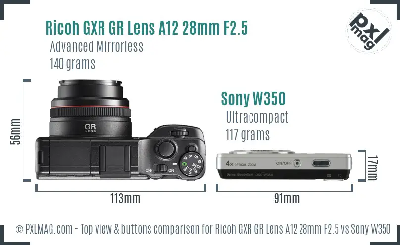 Ricoh GXR GR Lens A12 28mm F2.5 vs Sony W350 top view buttons comparison