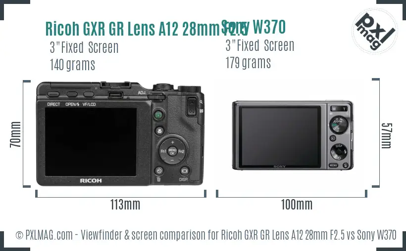 Ricoh GXR GR Lens A12 28mm F2.5 vs Sony W370 Screen and Viewfinder comparison