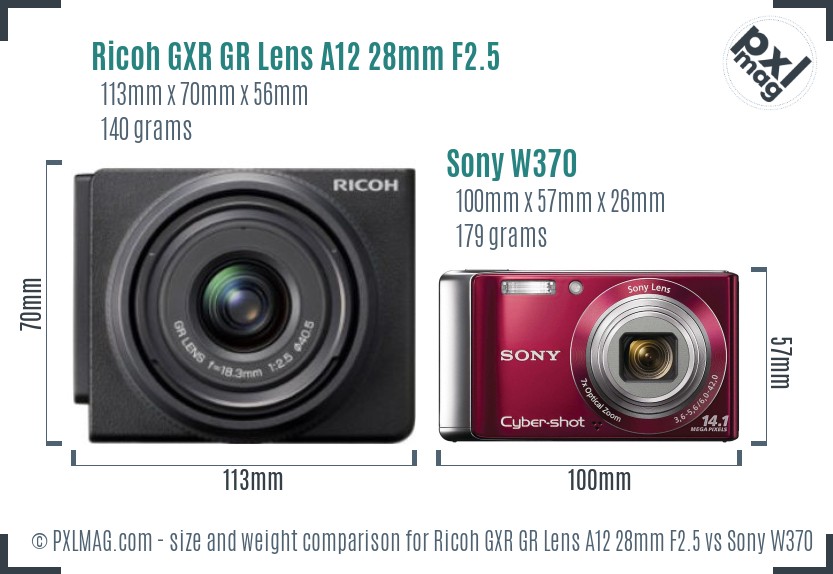 Ricoh GXR GR Lens A12 28mm F2.5 vs Sony W370 size comparison