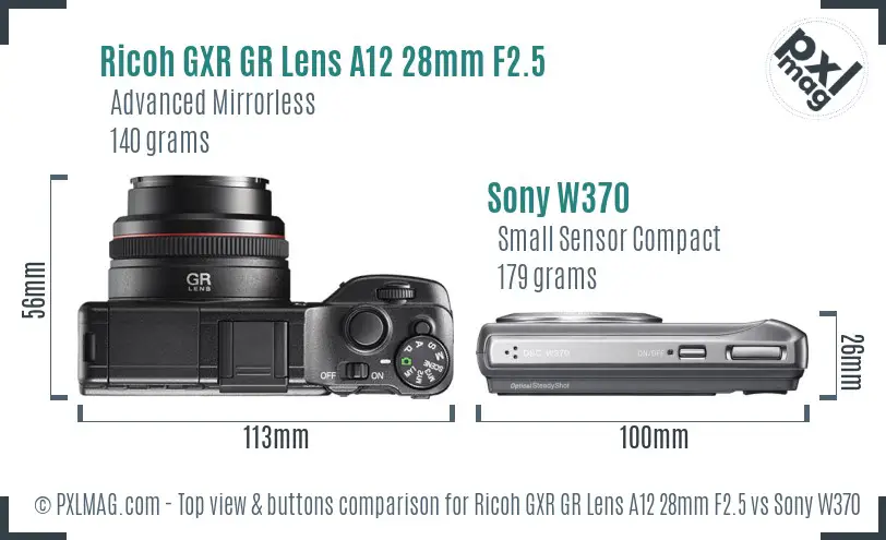 Ricoh GXR GR Lens A12 28mm F2.5 vs Sony W370 top view buttons comparison