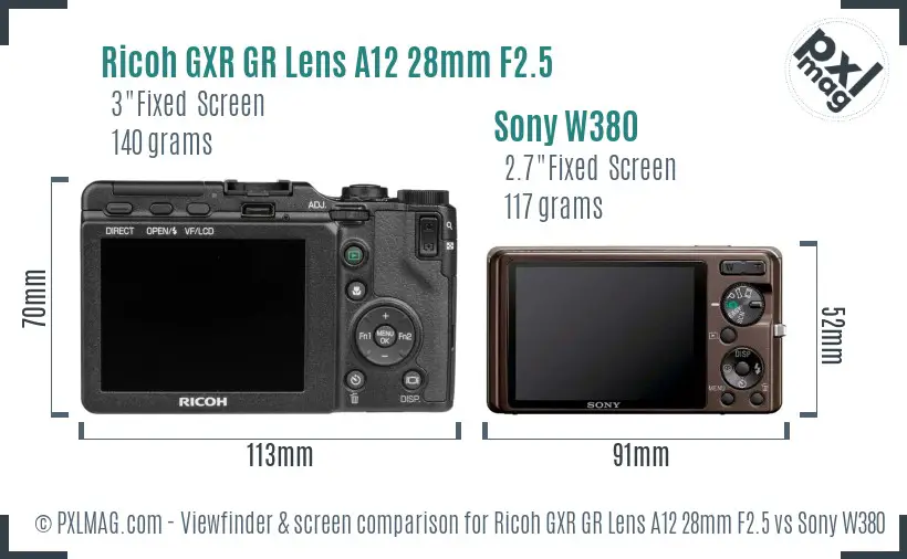Ricoh GXR GR Lens A12 28mm F2.5 vs Sony W380 Screen and Viewfinder comparison